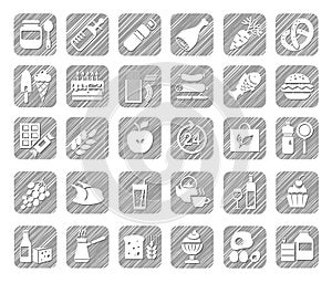 Food, icons, grocery store, pencil shading, gray, vector.