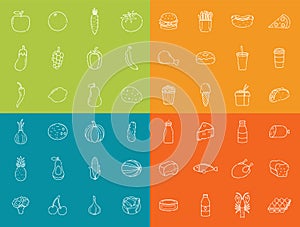 Food icons set. Fruits, Vegetables, Fast food and every day food. Outline icons style. Vector