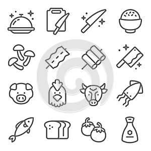 Food icons set vector illustration. Contains such icon as Meat, Pork, Beef, Chicken, Seafood and more. Expanded Stroke photo