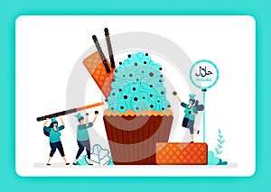 Food illustration of cook halal sweet cupcakes. Muffins topping with cream, waffle, chocolate chip, biscuit. Design can use for