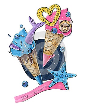 Food illustration sweets cartoon style ice cream in a waffle cone summer mood berries sea chocolate and edible heart