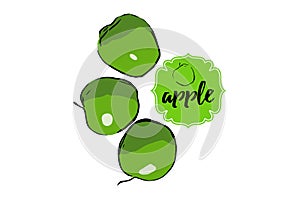 Three cartoon drawn green apples sketch silhouette.s isolated on white.