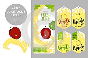 Cartoon red apple on juice splash. Fresh juice pack with Organic labels tags and green leaves.