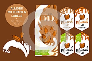 Almond on milk splash. Almond milk pack with premium quality badge, organic labels tags. Colorful nut stickers.