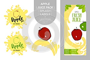 Red apple on juice splash. Fresh juice pack with Organic labels tags and green leaves.