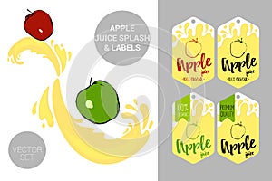 Red and green apples on juice splashes. Organic fruit labels tags and apple juice text.