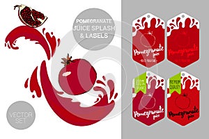 Pomegranate seeds with juice splashes. Organic fruit labels tags. Colorful pomegranate stickers