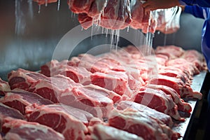 Food industry employee cuts raw pork up close for meat processing, refrigerated storage