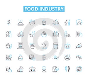 Food industry linear icons set. Agriculture, Farming, Fishing, Livestock, Harvest, Cuisine, Restaurant line vector and