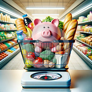 Food Inflation High Costs Expensive Groceries Skyrocketing Prices Scale Weighing Money AI Generated