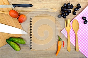 Food ingredient and kitchenware with notebook