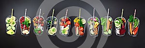 Food ingredients for blending smoothie or juice on painted glass over black chalkboard. Top view with copy space