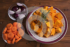 Food ingredients for cooking of traditional creamy pumpkin soup.