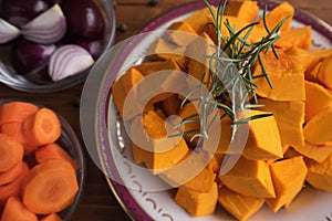 Food ingredients for cooking of traditional creamy pumpkin soup.