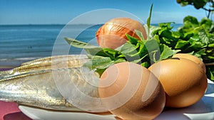 Food ingredients. Fish, eggs, onion and herbals