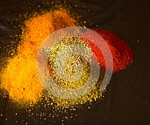 Food ingredients for italian pasta, spaghetti on black stone slate background.