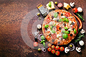 Food ingredients and spices for cooking delicious italian pizza. Mushrooms, tomatoes, cheese, onion, oil, pepper, salt