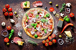 Food ingredients and spices for cooking delicious italian pizza. Mushrooms, tomatoes, cheese, onion, oil, pepper, salt