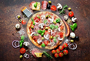 Food ingredients and spices for cooking delicious italian pizza. Mushrooms, tomatoes, cheese, onion, oil, pepper, salt