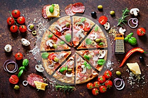 Food ingredients and spices for cooking delicious italian pizza. Mushrooms, tomatoes, cheese, onion, oil, pepper, salt