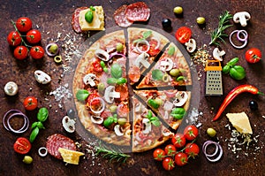 Food ingredients and spices for cooking delicious italian pizza. Mushrooms, tomatoes, cheese, onion, oil, pepper, salt