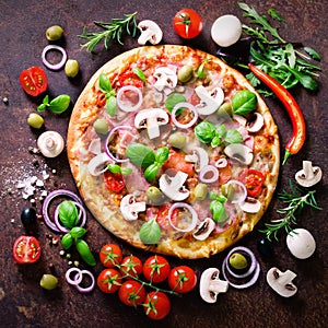 Food ingredients and spices for cooking mushrooms, tomatoes, cheese, onion, oil, pepper, salt, basil, grater, olive and