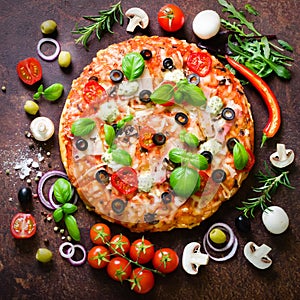 Food ingredients and spices for cooking mushrooms, tomatoes, cheese, onion, oil, pepper, salt, basil, grater, olive and
