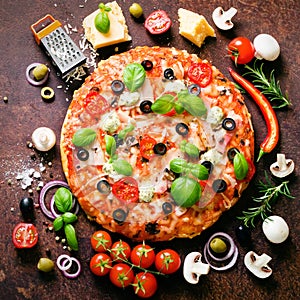 Food ingredients and spices for cooking mushrooms, tomatoes, cheese, onion, oil, pepper, salt, basil, grater, olive and