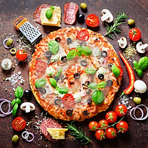 Food ingredients and spices for cooking mushrooms, tomatoes, cheese, onion, oil, pepper, salt, basil, grater, olive and
