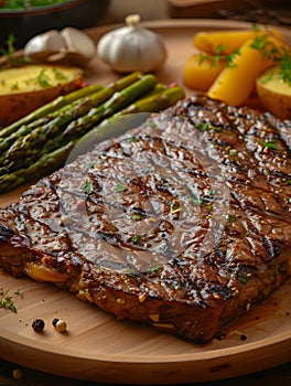 Food ingredients of steak and asparagus on a wooden cutting board