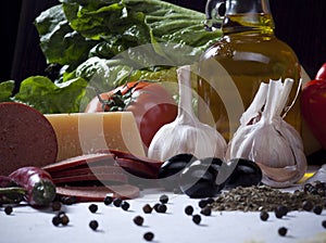 Food Ingredients Still Life Composition with Vegetables, Olive O