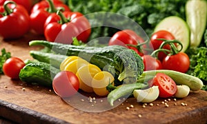 Food ingredients on a wooden cutting board including a variety of vegetables