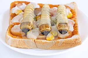 Food Insects: Worm beetle or Witchetty grub for eating as food items made of cooked insect meat on bread baked sandwich on plate,