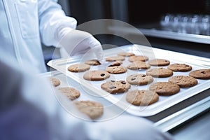Food inspector in lab coat examining freshly baked chocolate chip cookies on a tray in a sterile environment.