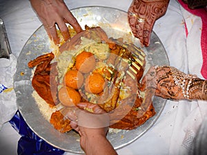 Food of kashmir served during marriages. Traditional food known as wazwan. Different varieties of meat.