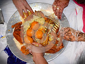 Food of kashmir served during marriages. Traditional food known as wazwan. Different varieties of meat. photo