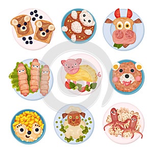 Food for Kids Serving Ideas Vector Top View Illustrations Set