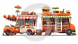 A food kiosk selling coffee and hamburgers for a street market. Cartoon modern illustration set of a food vendor's