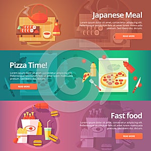 Food and kitchen banners set. Flat illustrations on the theme of japanese sushi