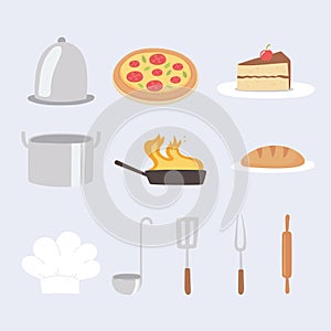 Food kitchen pizza bread cake utensils and chef hat icons