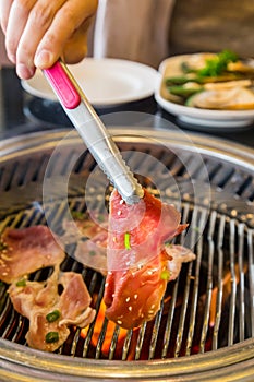 Food on Korean BBQ grill, meat and vegetable