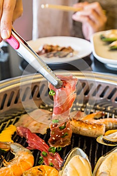Food on Korean BBQ grill, meat and vegetable