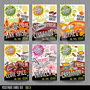 Food label set stickers collection vegetable labels spices package design. star anise, nutmeg cinnamon clove