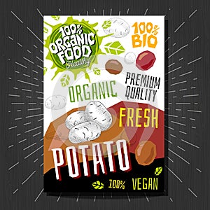 Food labels stickers set colorful sketch style fruits, spices vegetables package design. Potato. Vegetable label.