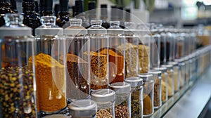 food laboratory organization, in a food quality lab, spices and ingredients are neatly arranged in glass jars for