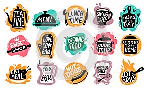 Food lettering. Bakery kitchen sweets, hot dogs badge and organic food logo vector set
