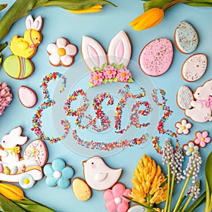 Food Lettering EASTER Colorful easter cookies and flowers tulip on blue background, assortment sweet gifts, seasonal springtime