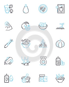 Food lifestyle linear icons set. Vegan, Gluten-free, Farm-to-table, Sustainable, Locavore, Paleo, Raw line vector and