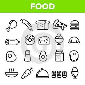 Food Line Icon Set Vector. Home Kitchen Breakfast Food Icons. Menu Pictogram. Fesh Eating Element. Thin Outline Web photo