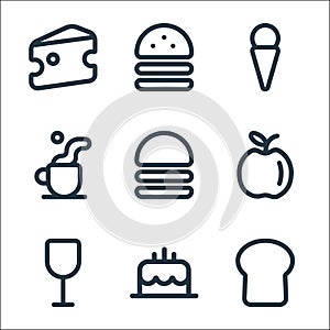 Food line icons. linear set. quality vector line set such as bread, cake, glass, apple, hamburger, coffee, ice cream, hamburger